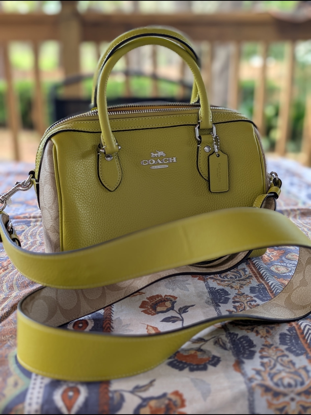 Coach Pebbled Leather Satchel in Chartreuse and Tan Trim